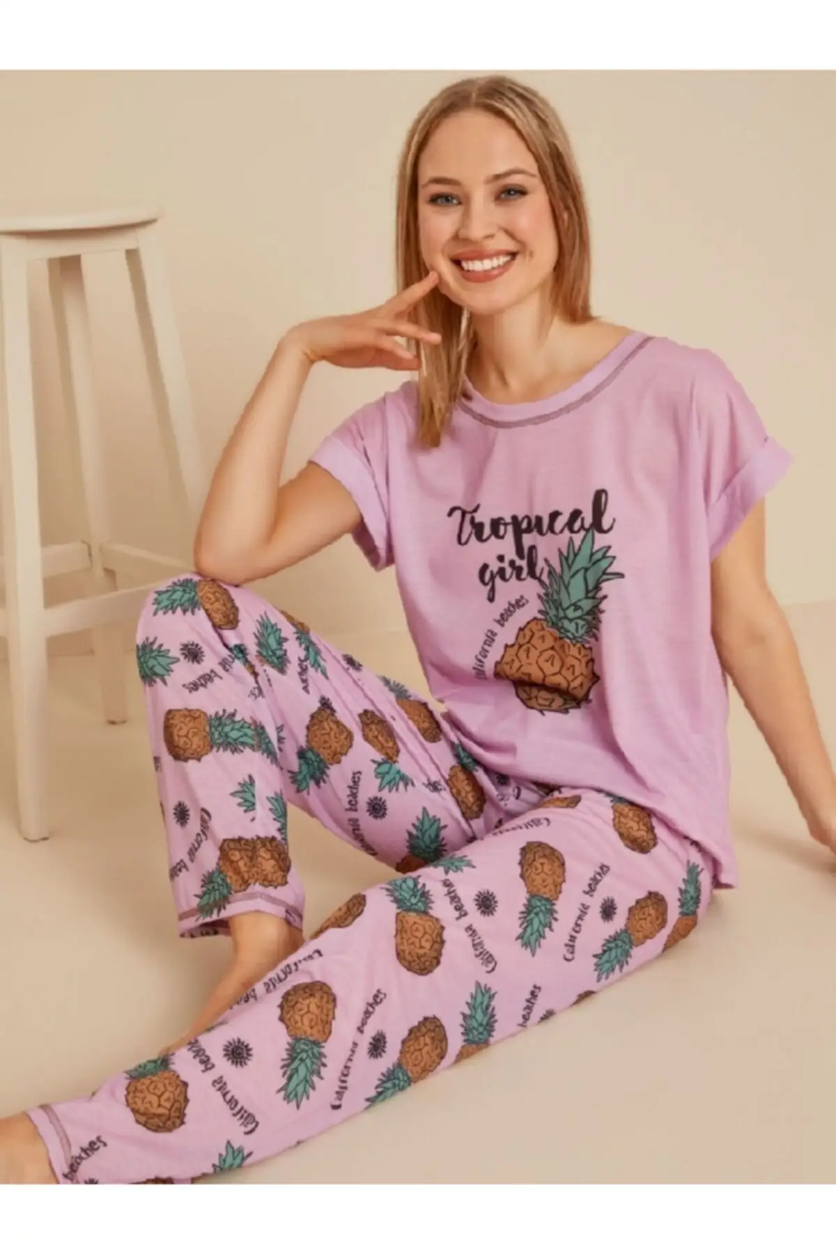 

Women's Pajamas Combed Cotton Short Sleeve Bottom Long Pineapple dress Purple Sleep Lounge Nightwear Sleepwear