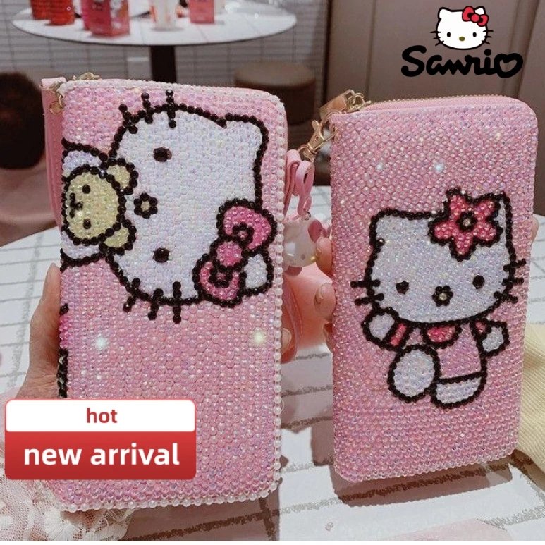 

Sanrio Kawaii Hello Kitty Full Diamond Wallet Cartoon Kt Cat Personality Money Folder Bag Lovely Bright Girl Pu Handbag Gift