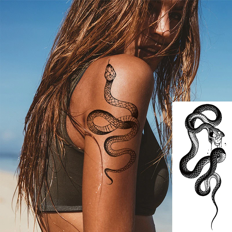 

Черная змея, временные татуировки для женщин и мужчин, Реалистичная луна, змея, водостойкая поддельная татуировка, наклейка, татуировки для ...
