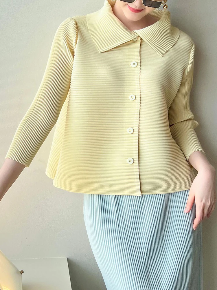 GVUW плиссированная женская рубашка с лацканами однобортная длинным рукавом