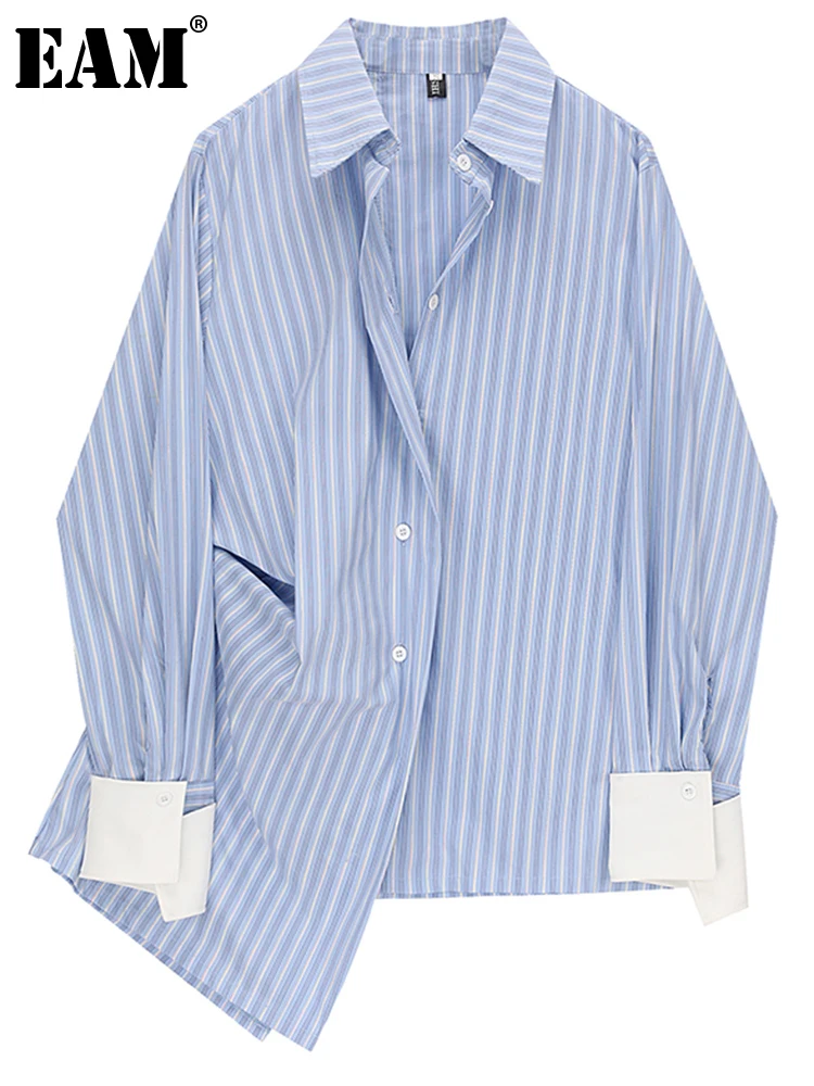 

[EAM] Women Blue Striped Irregular Big Size Blouse New Lapel Long Sleeve Loose Fit Shirt Fashion Tide Spring Autumn 2022 1DE6536