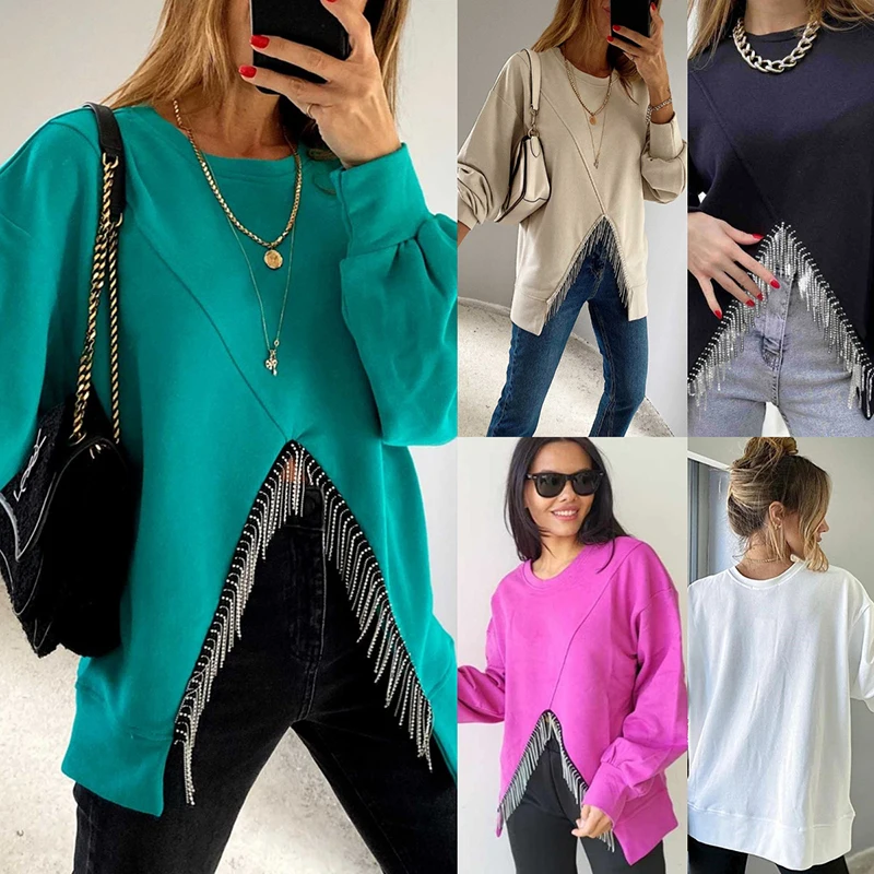 

2023 Spring and Autumn Split Tassel Solid Sweater Loose Fit Casual Ladies Clothes Round Neck Long Sleeve Top for Women Outside
