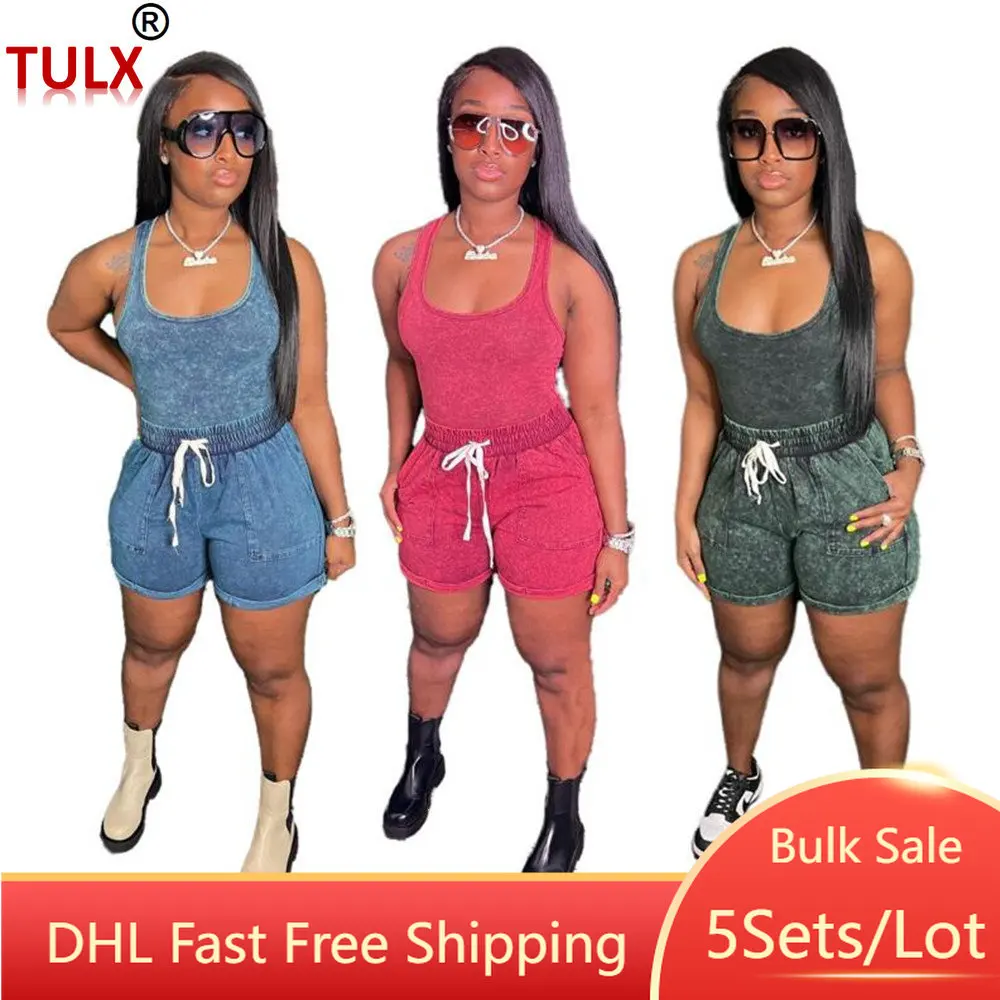 

5set Bulk Sale Summer Shorts Tracksuit Square Collar Vest Drawstring Short Pants 2piece set Sportwear Tie Day Shirt Outfits 9294