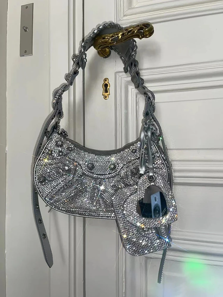 

Fashion Luxury Brand Designer Diamonds Hobos Moto Style Women Shoulder Bag Studded Rivet Crossbody Shining Purses And Handbags