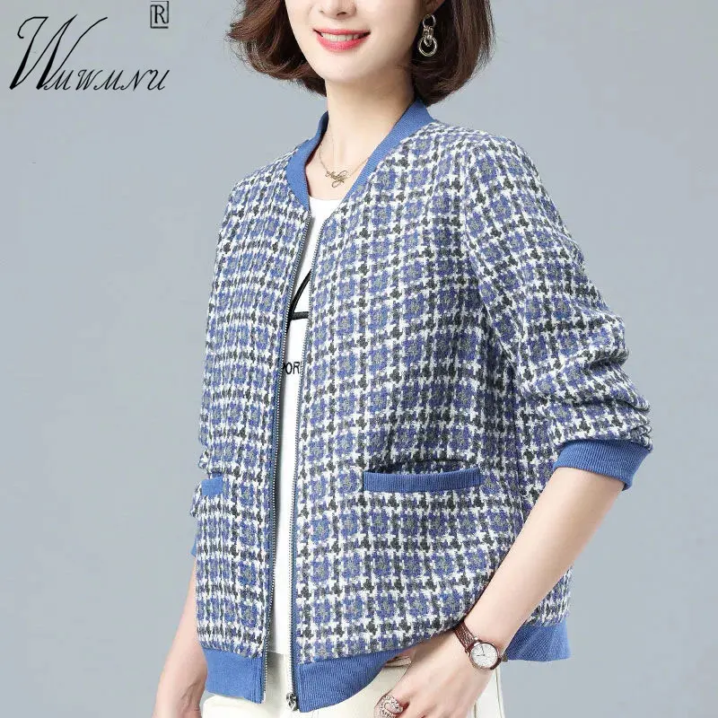 

Blue Patchwork Houndstooth Bomber Jacket Women Spring Plus Size 4XL Lining Cropped Coats Mother Fashion Zip Baseball Chaquetas