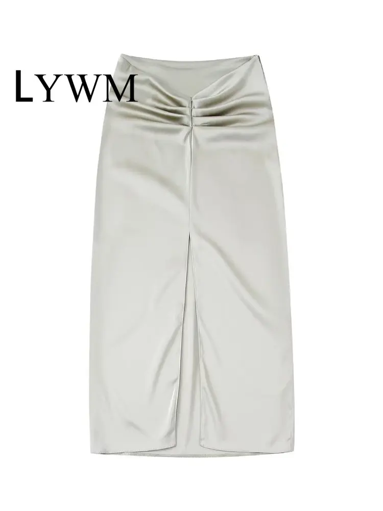 

LYWM Women Fashion Silk Solid Pleated Front Slit Side Zipper Midi Skirt Vintage High Waist Female Chic Lady Skirts