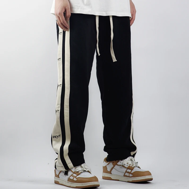 

Color Match Side Striped Letter Embroidery Drawsring Casual Track Pants Male and Female Straight Hip Hop Loose Trousers