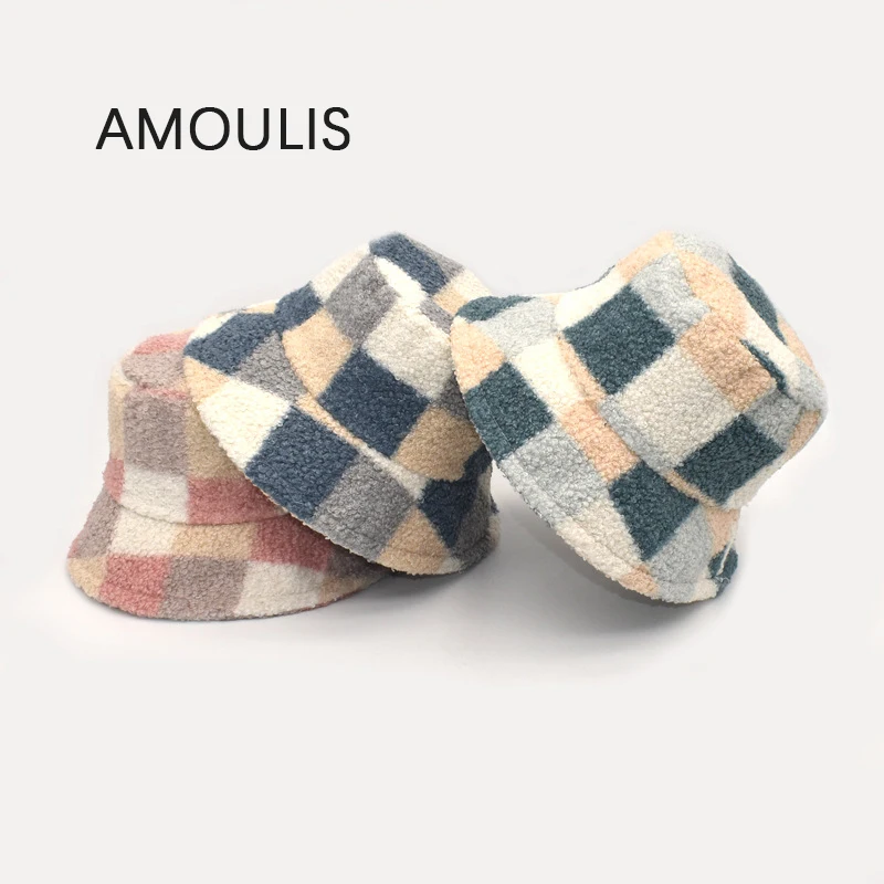 

AMOULIS зимние сохраняющие тепло головные уборы Женская модная клетчатая Рыбацкая шляпа повседневные женские уличные Пляжные шапки унисекс