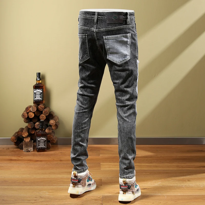 High Street Fashion Men Jeans Retro Black Gray Elastic Skinny Fit Ripped Jeans Men Patched Designer Hip Hop Stretch Pants Hombre
