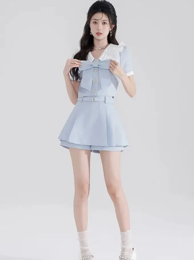 Женский комплект из двух предметов плиссированная юбка и кружевной топ с