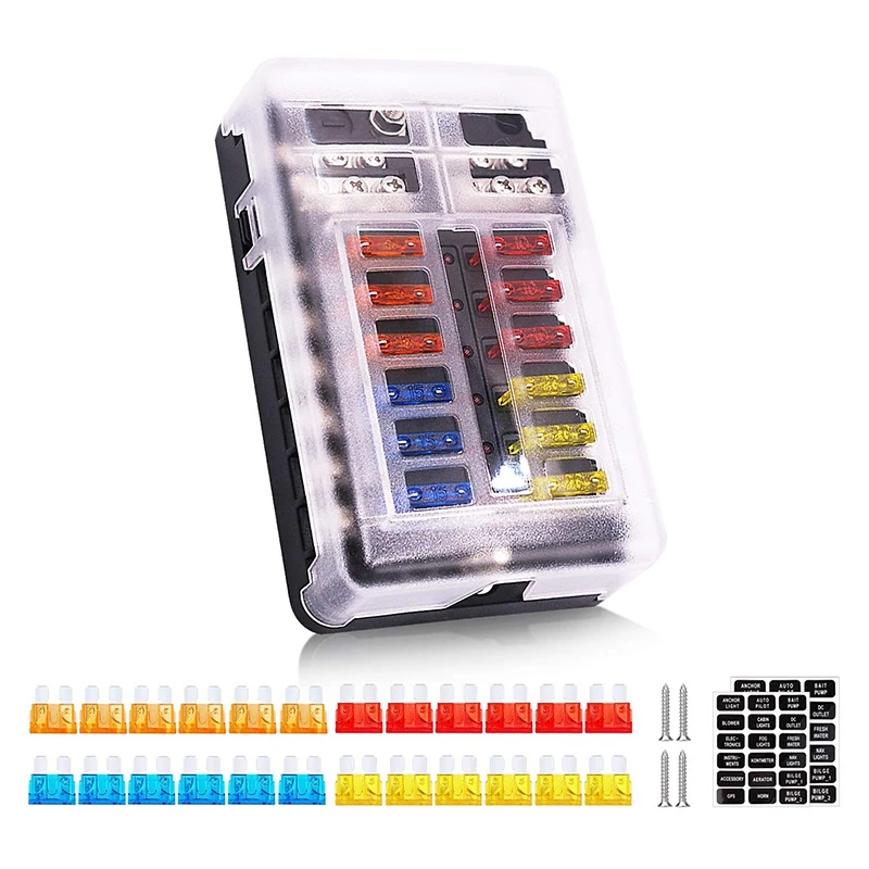 

12 Way 12V Fuze Box 12Volt Blade Fuze Block, 12 Circuit W/Negative Bus Waterproof Fuze Box With LED Indicator