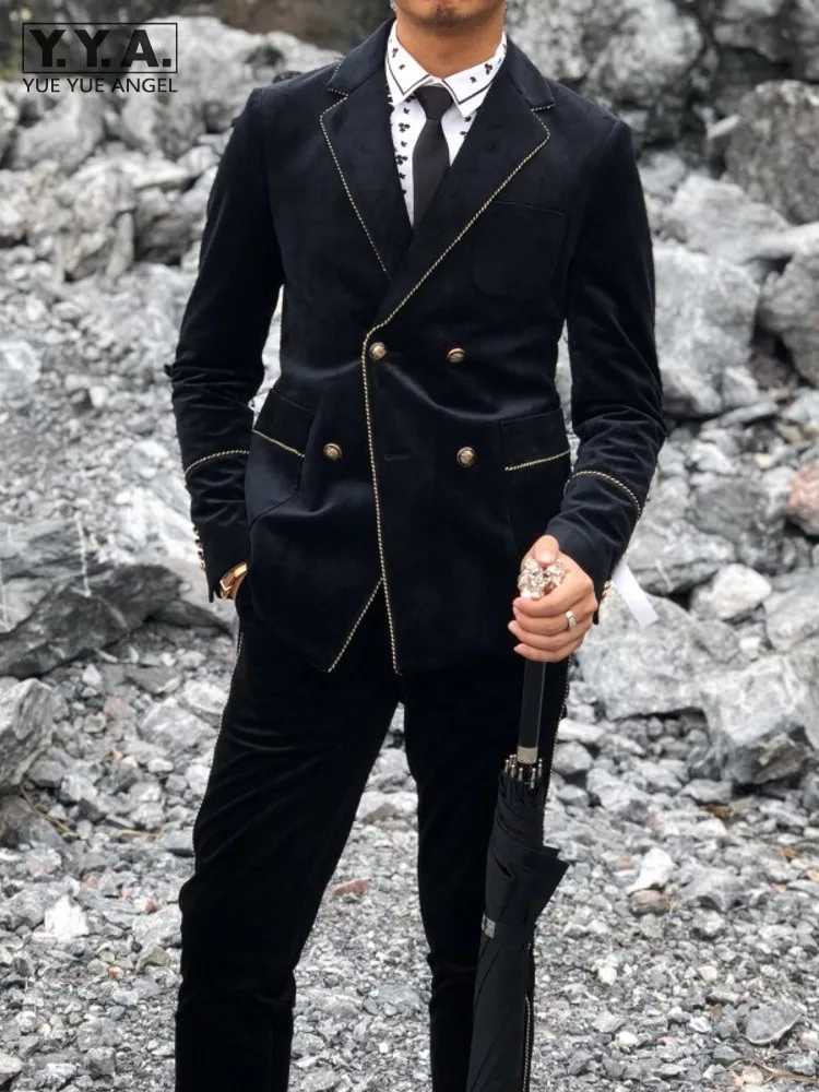 

Костюм мужской свадебный из двух предметов, двубортный бархатный деловой пиджак, жакет, костюм для работы, Осень-зима