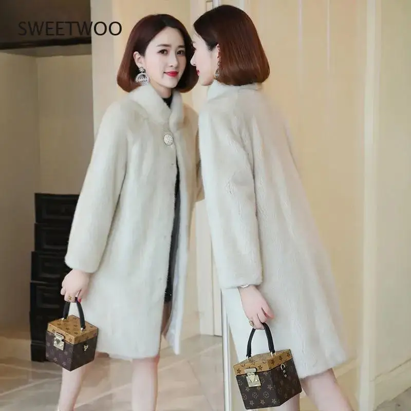 Winter Faux Mink Fleece Fur Coat Women Midi Stand Collar Faux Fur Jacket Thick Warm Loose Female Elegant Parka Outwear Plus 2022