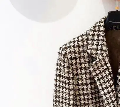 

Women Suit Houndstooth Tweed Notched Single Breasted Pockets Short Coat Woolen Vintage Winter