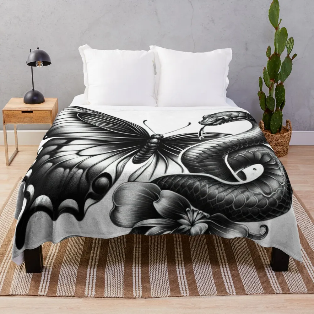 бабочка со змеей и цветочным татуировкой иллюстрация эскиз пледы роскошные