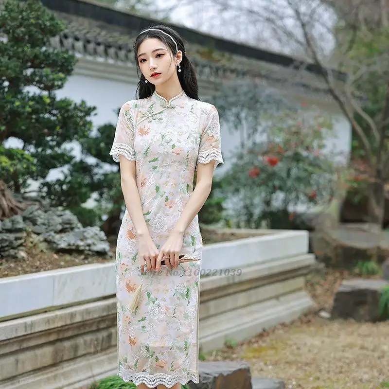 

2022 chinese aodai vietnam cheongsam folk style feminine qipao chinese dress women traditional floral print ao dai dress qipao