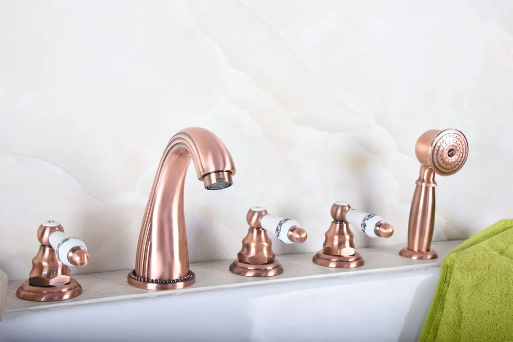 

Antique Red Copper Brass Three Levers Handles Deck Mounted 5 Holes Bathroom Tub Faucet Mixer Tap With Handshower mtf188