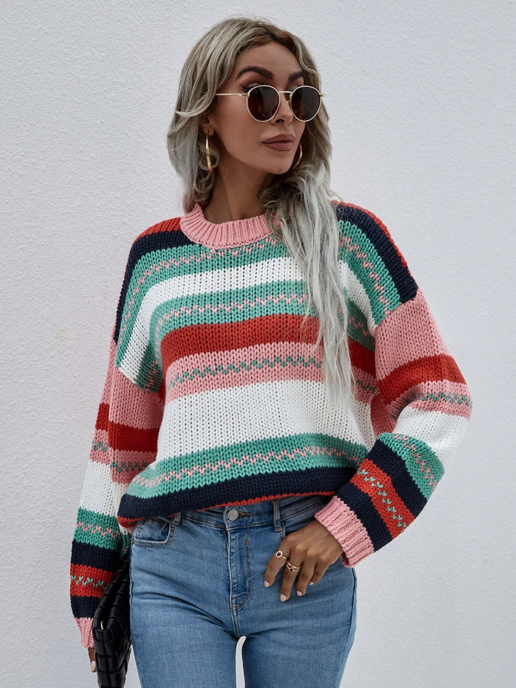

2021 Autumn Winter New Women's Rainbow Color Stitching Sweater Pullover Temperament Commuter Loose Sweater Women