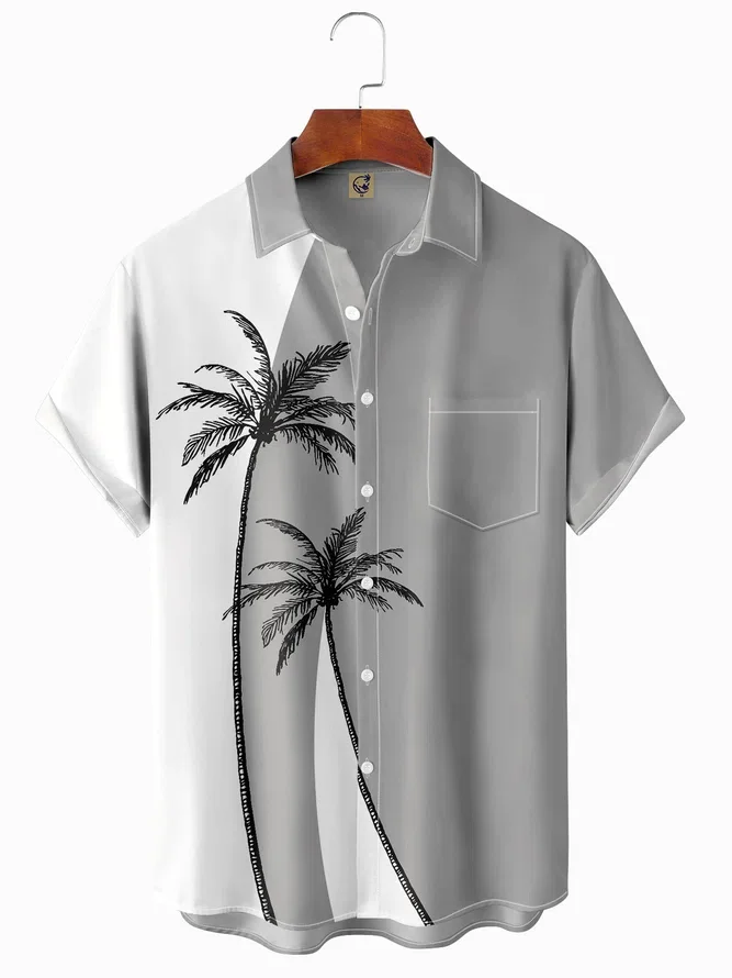 

Men's Coconut Tree Colorblock Print Casual Breathable Hawaiian Short Sleeve Shirt with Pockets
