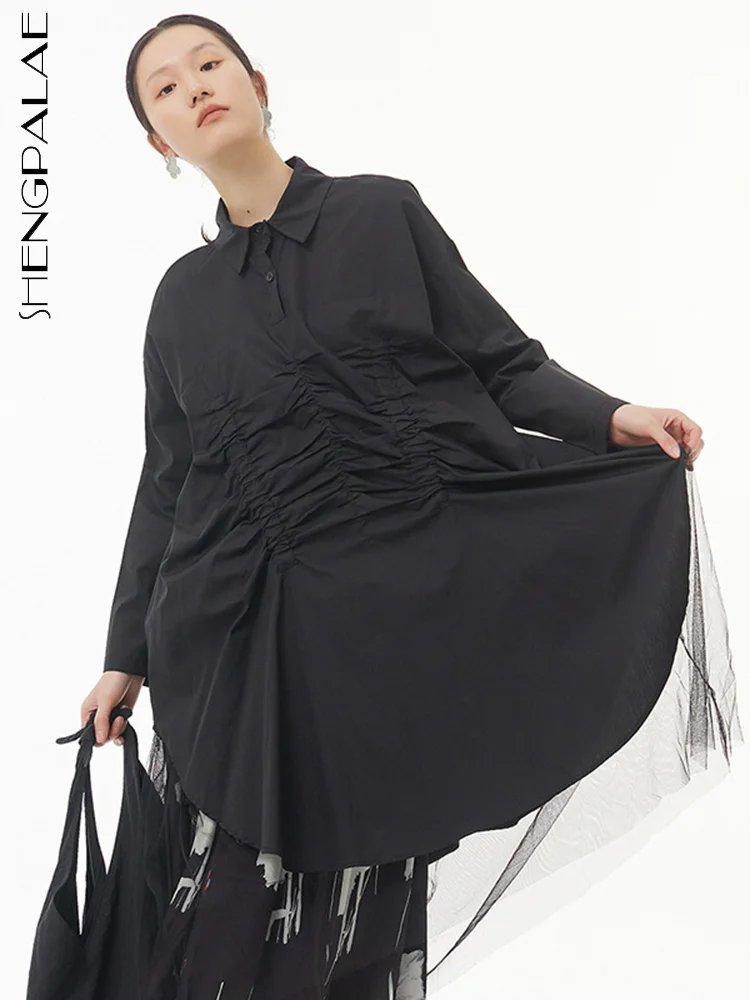 

SHENGPALAE Женская плиссированная рубашка, белая сетчатая дизайнерская рубашка поло с воротником, с длинным рукавом, женские свободные блузки, о...