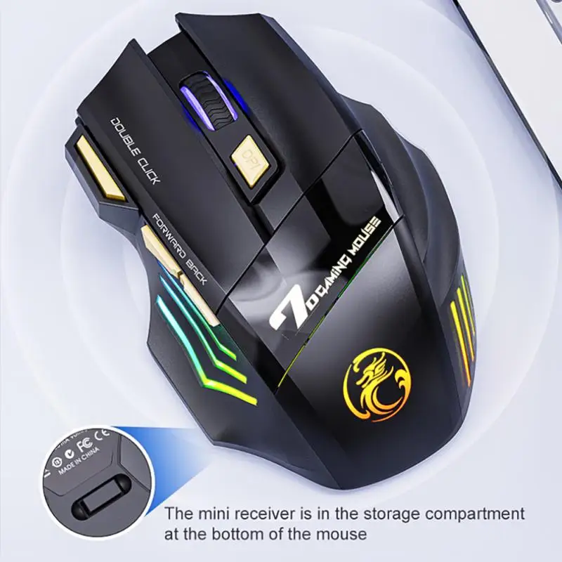 2.4G Wireless Mouse 7 Buttons 3200DPI Gaming Mice Rechargeable Colorful Breathing Light Double Click For PC Laptop For CSGO LOL