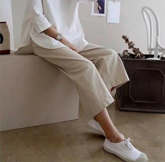 Summer Wide Leg Pants Women New In Casual Solid Color Cropped Pants High Waist Female Soft Elastic Cotton Linen Sweatpants