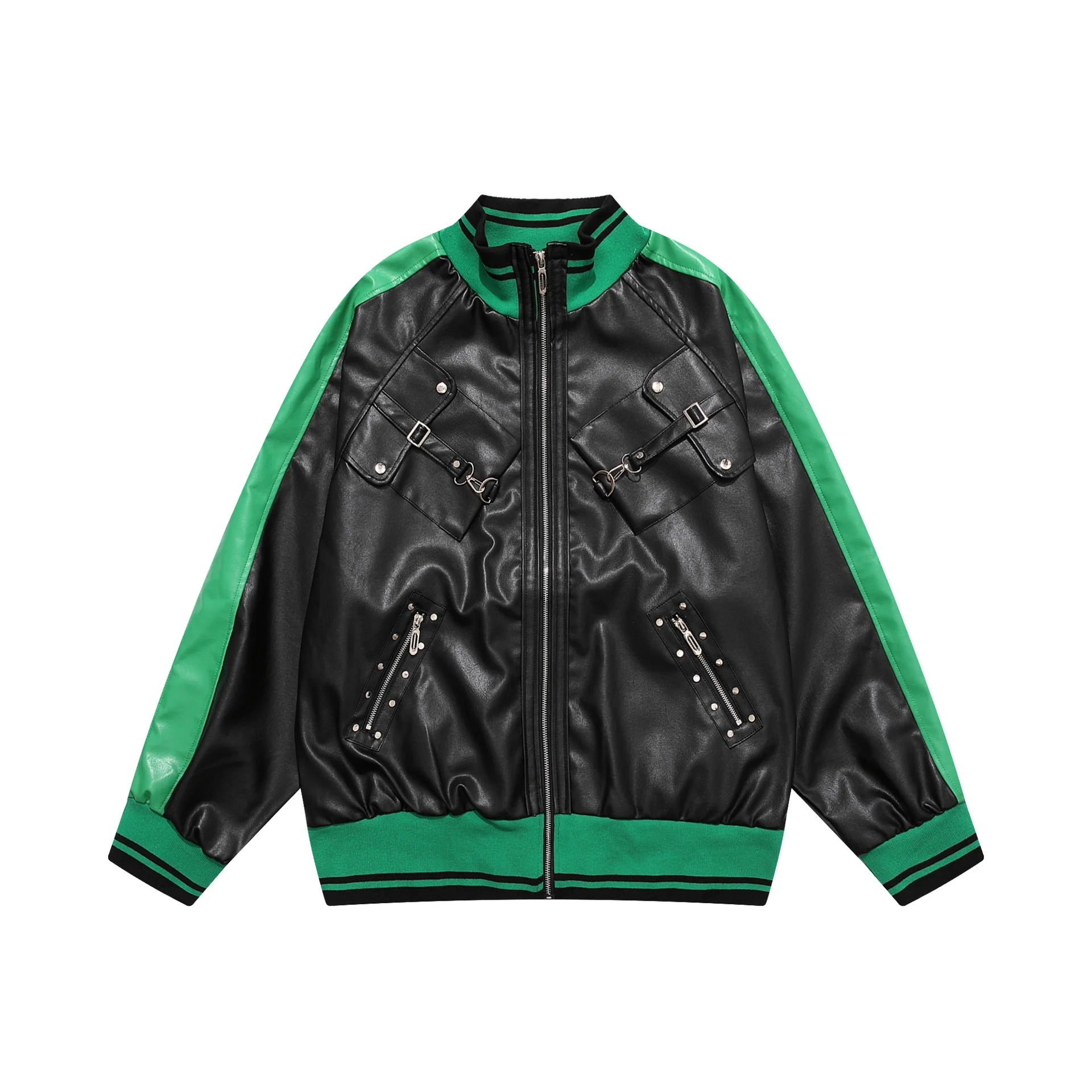 

Multi-pocket Rivet Men's Motorcycle Coat PU Baseball Jacket Loose Leather Outerwear