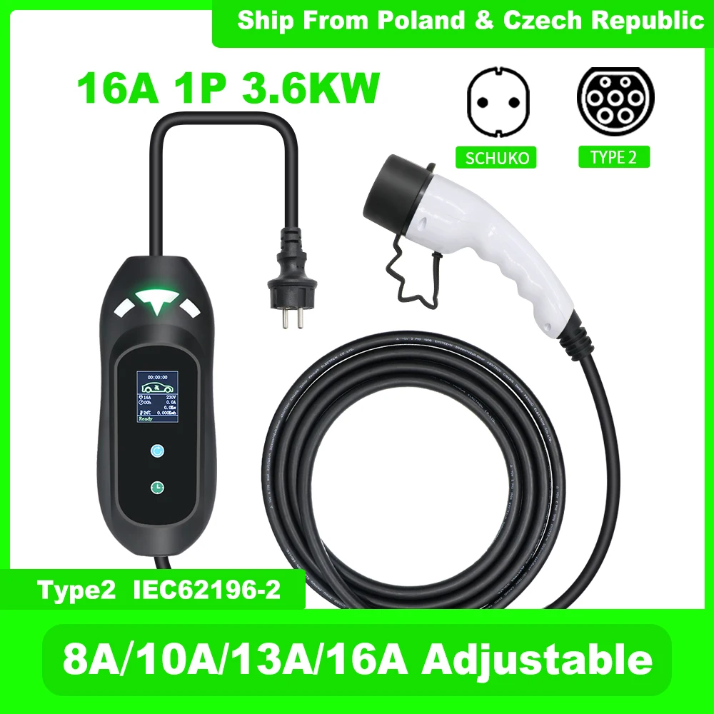 

EVSE Level 2 Portable Electric Car Vehicle Type 2 IEC 62196 Schuko EV Plug 16A 3.6KW 110V-250V with 5 Meters