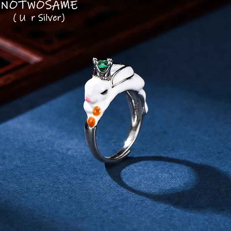 

NOTWOSAME Crowned Rabbit Rings for Women Real 925 Silver Bunny Rings Green Crystal Crown Jewelry Animals Ring Adjustable Bijoux