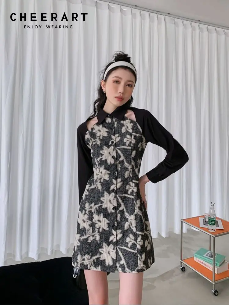 

CHEERART, серое Цветочное платье с вырезом на пуговицах, воротник, женское весеннее платье 2022, лоскутное платье с длинным рукавом, ТРАПЕЦИЕВИДНО...