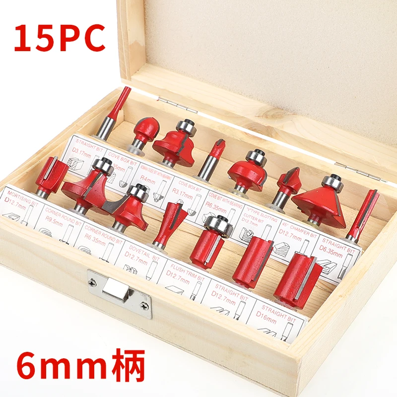 

F50 12/15pcs Router Bit Set 6mm Shank Woodworking Edge Trimming Straight Face Milling Cutter For Wood CNC Tungsten Solid Cutter