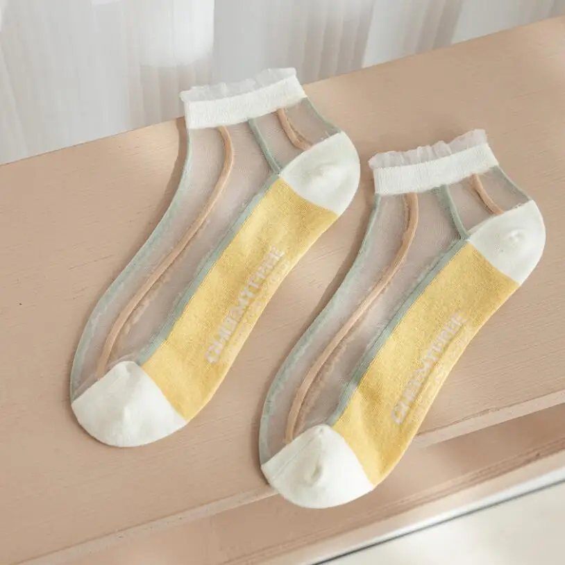 Summer Transparent Floral Socks for Women Cool Thin Mesh Crew Socks Light Crystal Striped Ankle Socks 5 Pairs/ Lot