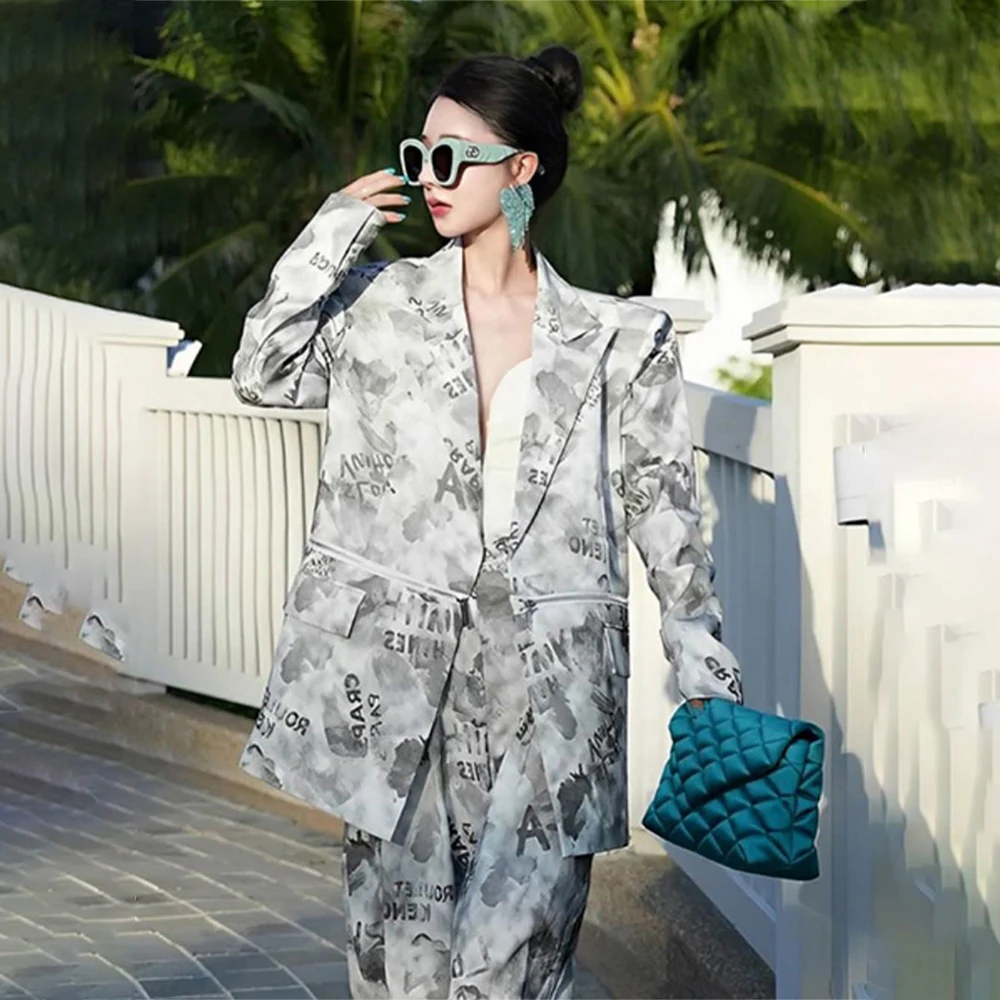 Hit Color Print Blazers For Women Notched Collar Long Sleeve Patchworks Pocket Loose Casual Suits Jacket Female Fashion Clothing