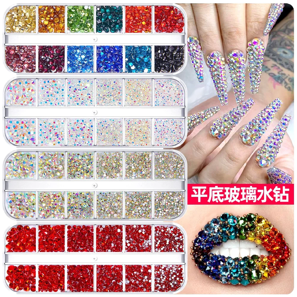 

12-cell multi-color manicure accessories, flat bottom water diamond, transparent, ultra-sparkling crystal, glass diamond, nail c