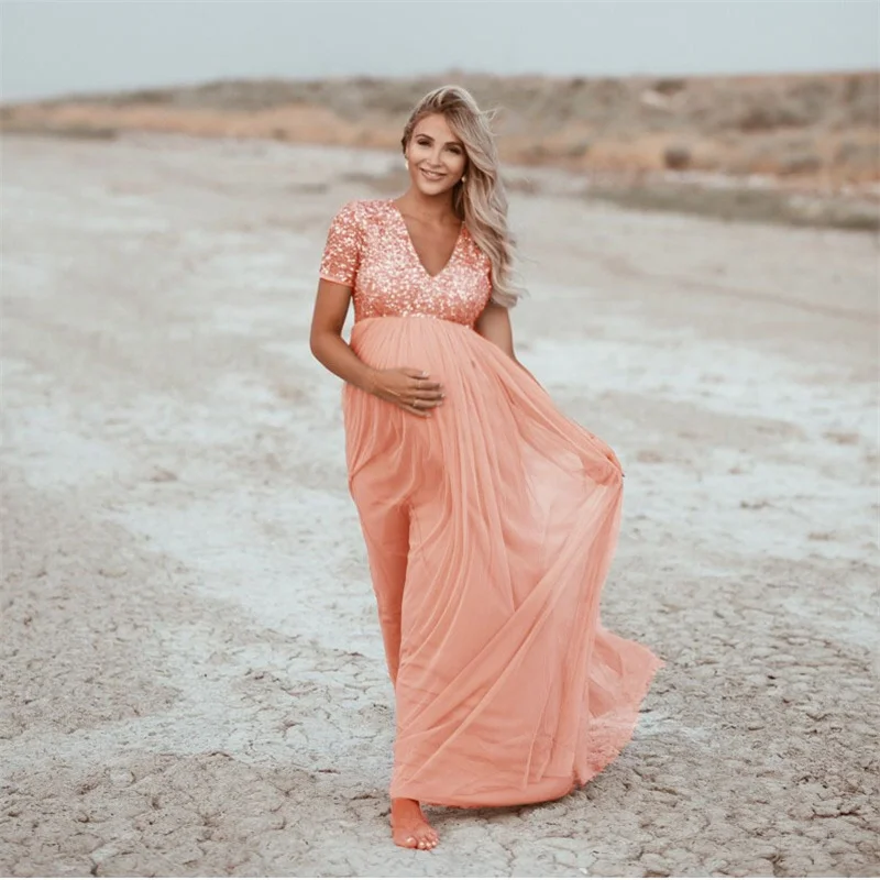 

Sequins Maternity Photography Dresses V-neck Sequined Pregnancy Photo Shoot Long Dress Maternity Dress