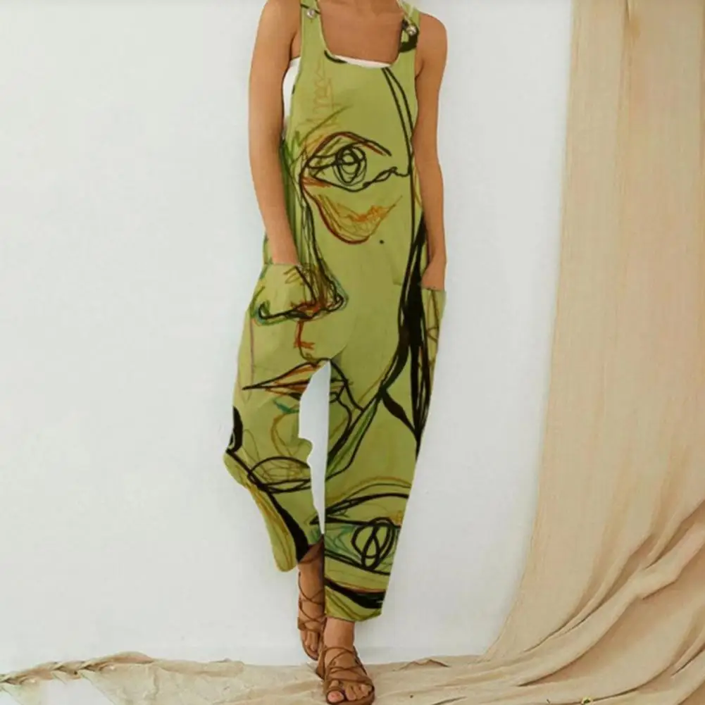 

Abstract Scrawling Strappy Women Jumpsuit Fashion Sleeveless Loose Overall Casual Shoulder Straps Playsuit With Pockets For Work