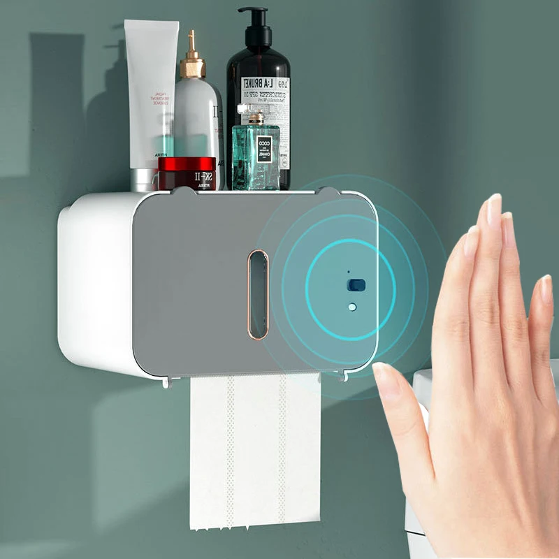 

Restroom Intelligent Induction Tissue Box Stylish Simplicity Bathroom Punch-Free Wall Mounted Storage Box Home Desktop Organizer