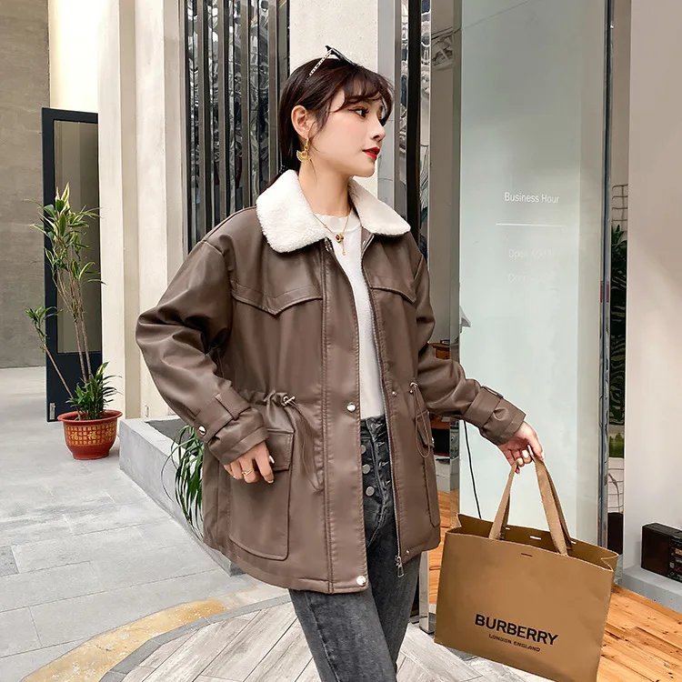 Enlarge Black PU Leather Jacket Women Winter Thick Warm Lambswool Jackets Coat Female Loose Casual Faux Leather Jacket Outwear