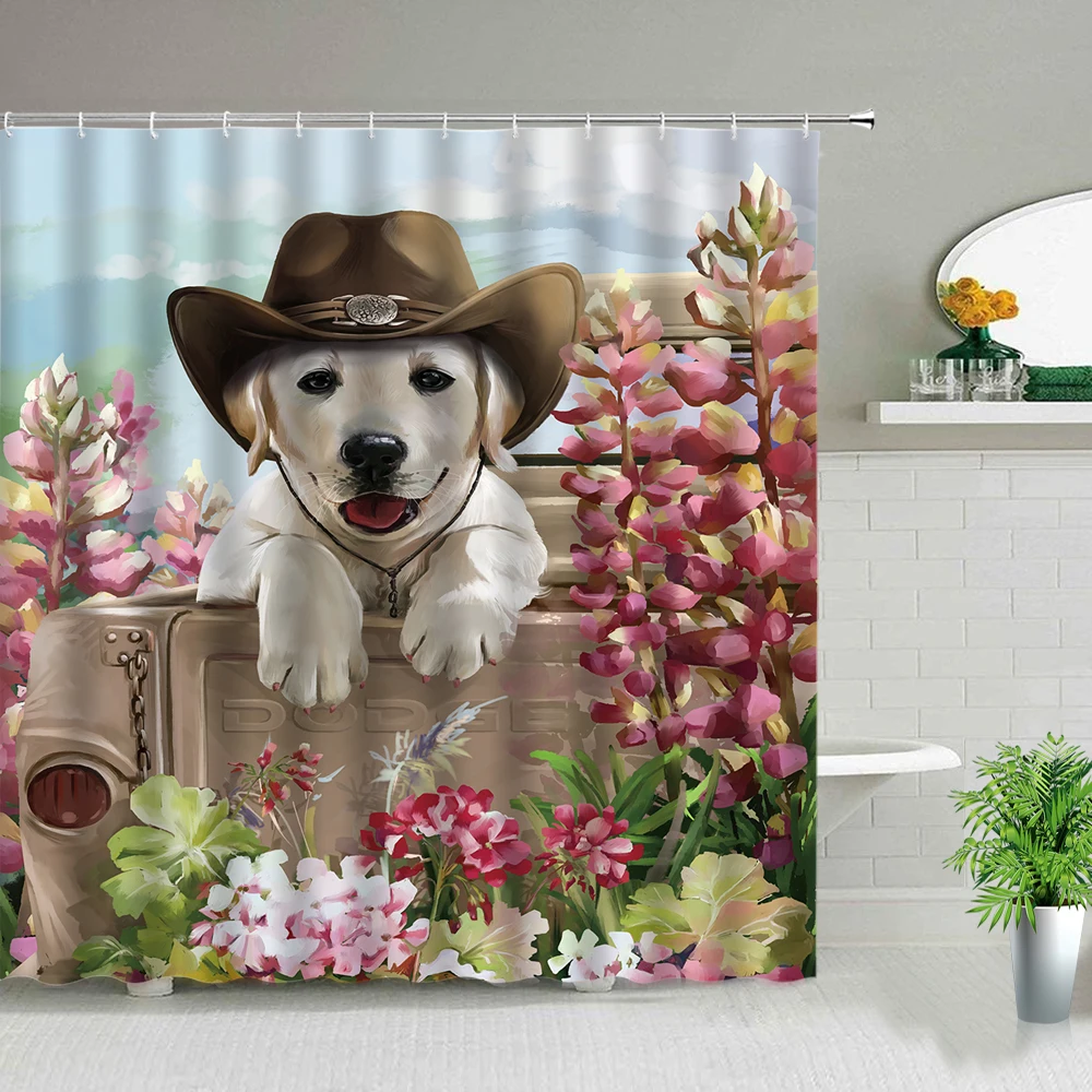 

Funny Animal Cat Dog Printing Shower Curtains Waterproof Fabric Children's Bathroom Curtain Home Bathtub Decor Screen With Hooks