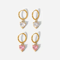 textured shiny white pink color love heart cz stone hanging earring for women 18k gold stainless steel hoop earrings oorbellen