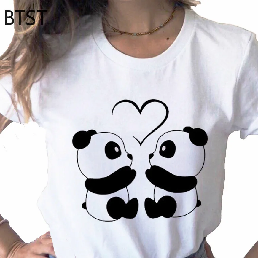 

Love Valentine Panda Cartoon Animal Tops Print Ladies T-shirt Casual Basis O-collar White Shirt Short Sleeve T-shirt,Drop Ship