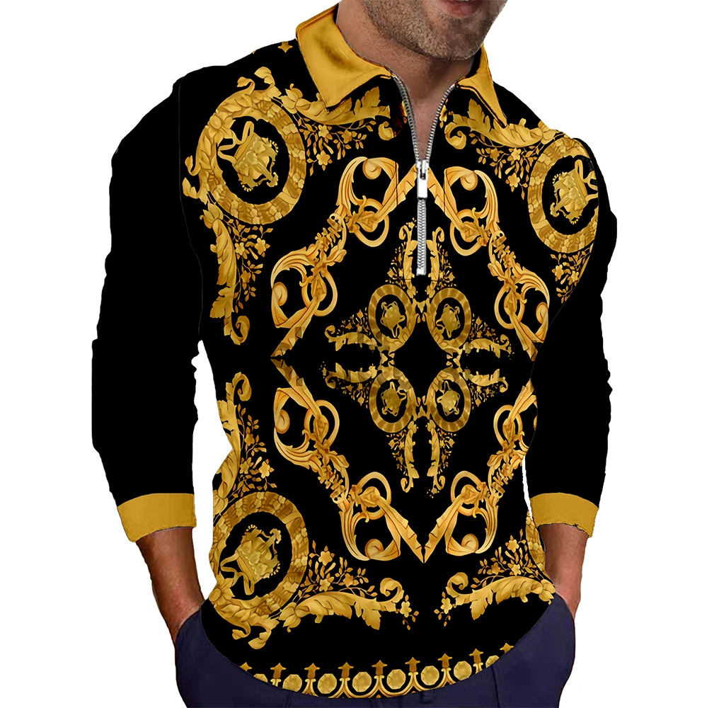 

hirts for Men Stripe Long Sleeves Polo Shirts Streetwear Mens Clothing Zipper Neck Turn Down Collar Graphic T Shirt Tops S-5XL