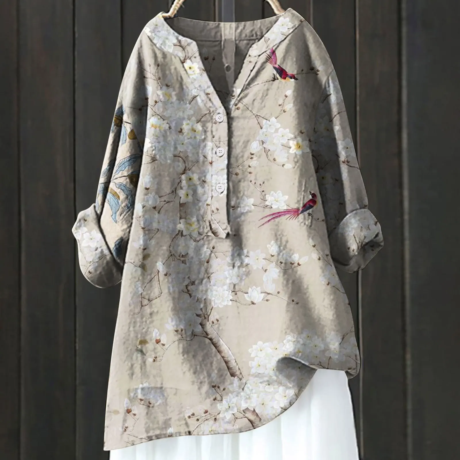 Блузка женская льняная с V-образным вырезом Модный повседневный топ на пуговицах