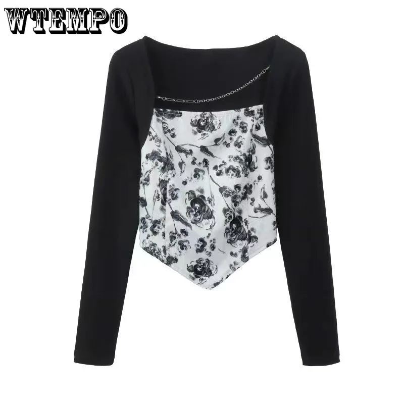 

Long Sleeves Women Shirt Chain Square Collar Slim Top Floral Print Stitching Shirt Fake Two Pieces Irregular Blouses Streetwear