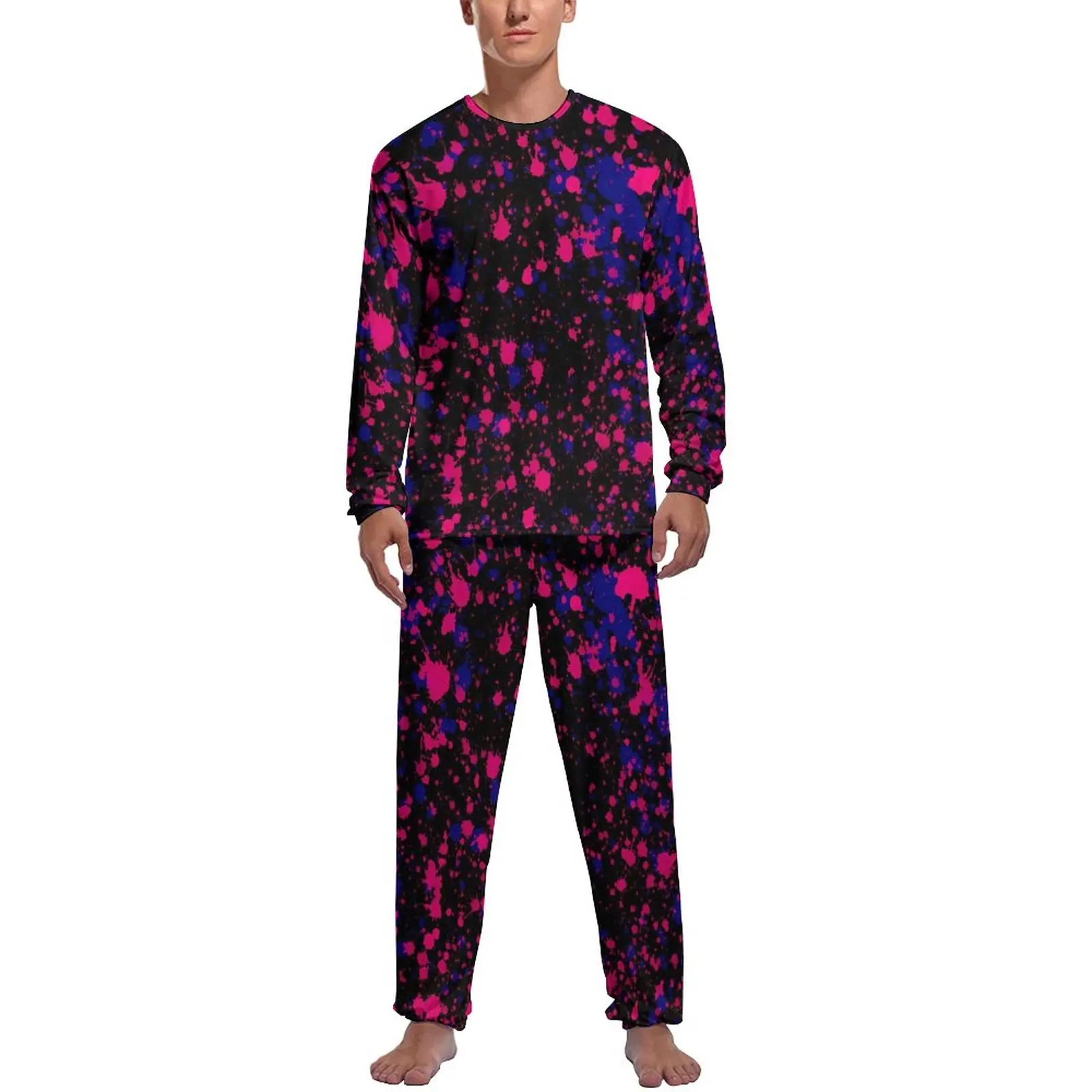 

Пижама Мужская теплая с длинным рукавом, фиолетовый и розовый пижамный комплект с рисунком брызг, 2 предмета, Повседневная Весенняя Дизайнерская одежда для сна, подарок на день рождения