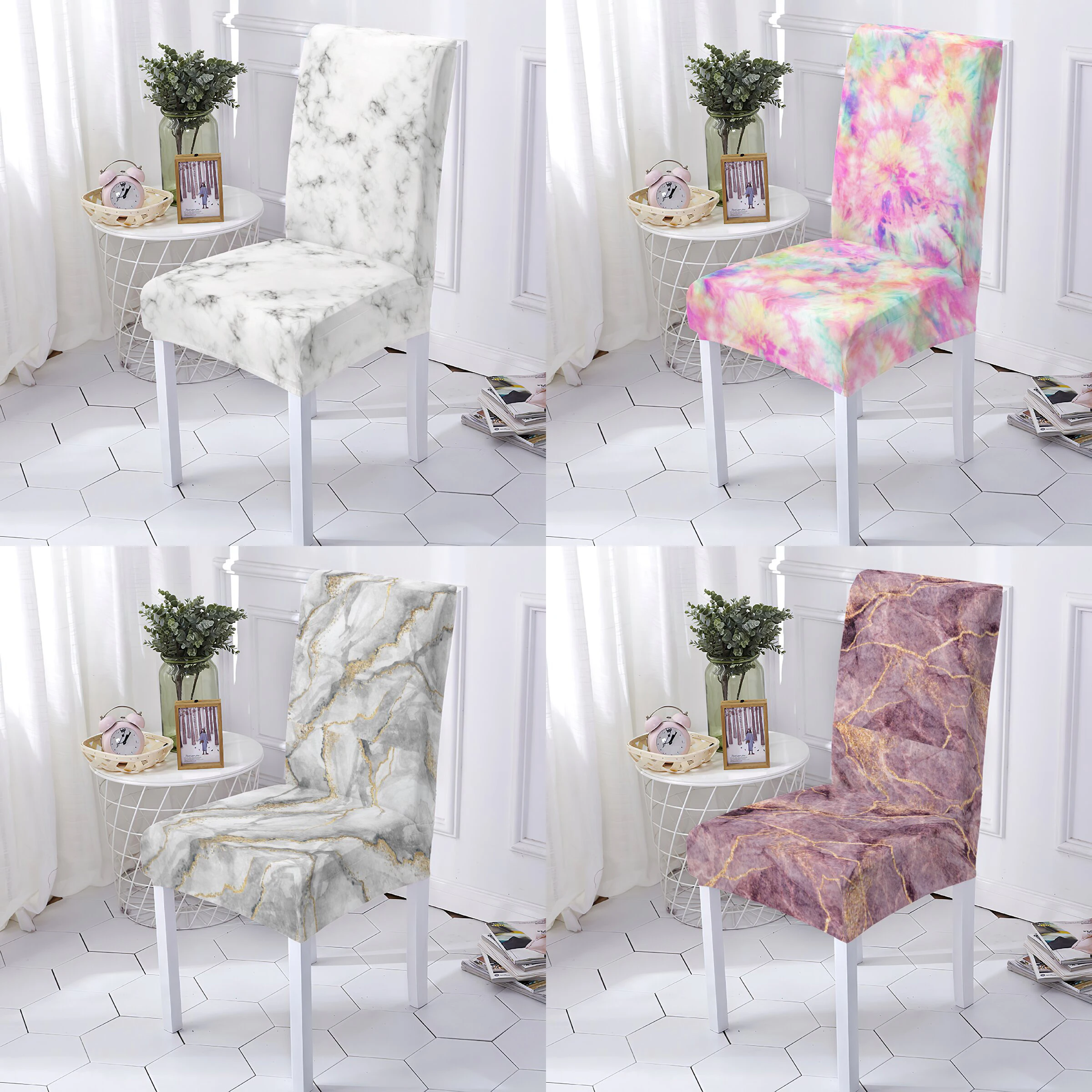 

European Style Style Covers For Chairs Elastic Armchair Cover Of Chair Marble Printing Dining Room Home Chair Covers Stuhlbezug