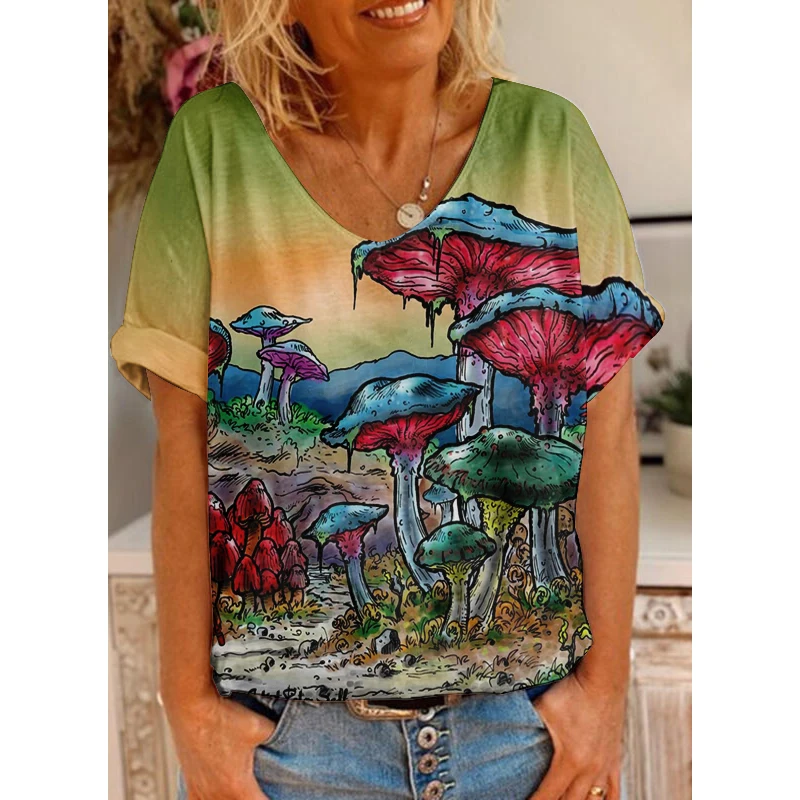 

Art Pattern Mushroom Print Women's T-shirt 2023 Summer New Vintage Harajuku Short-sleeved Top Casual Women's Street Clothing Top