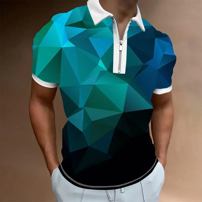 

2022 summer men's short-sleeved polo shirt popular golf wear 3D diamond plaid print loose polo shirt