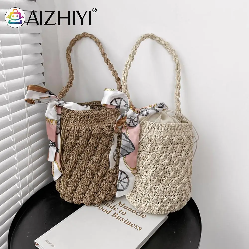 

Женская пляжная Соломенная Сумка-тоут, портативная Летняя Пляжная плетеная сумочка-мешок ручной работы с шелковым шарфом
