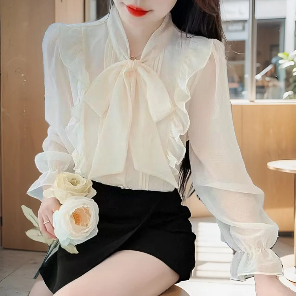 Женская Свободная шифоновая рубашка с оборками весна-осень 2024